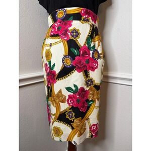 Breeches Vintage Floral Scarf Print Linen Cotton Pencil Skirt Pink Gold Size 8